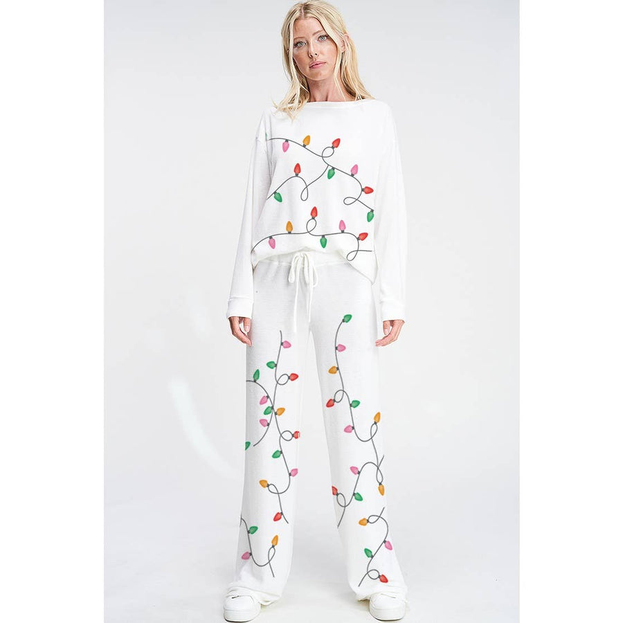 Christmas light print soft lounge wear set: IVORY / L - bomb'd AF