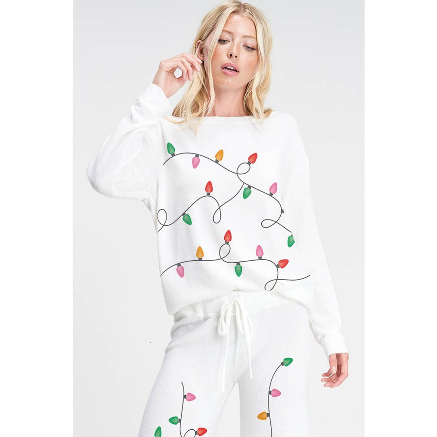 Christmas light print soft lounge wear set: IVORY / L - bomb'd AF